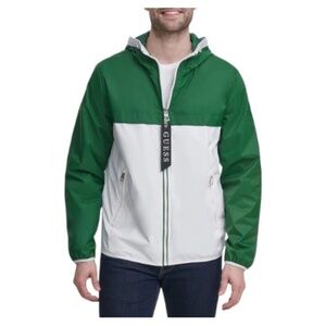 GUESS Men's Hooded Rain Jacket/Windbreaker In Green/white. Size: Large